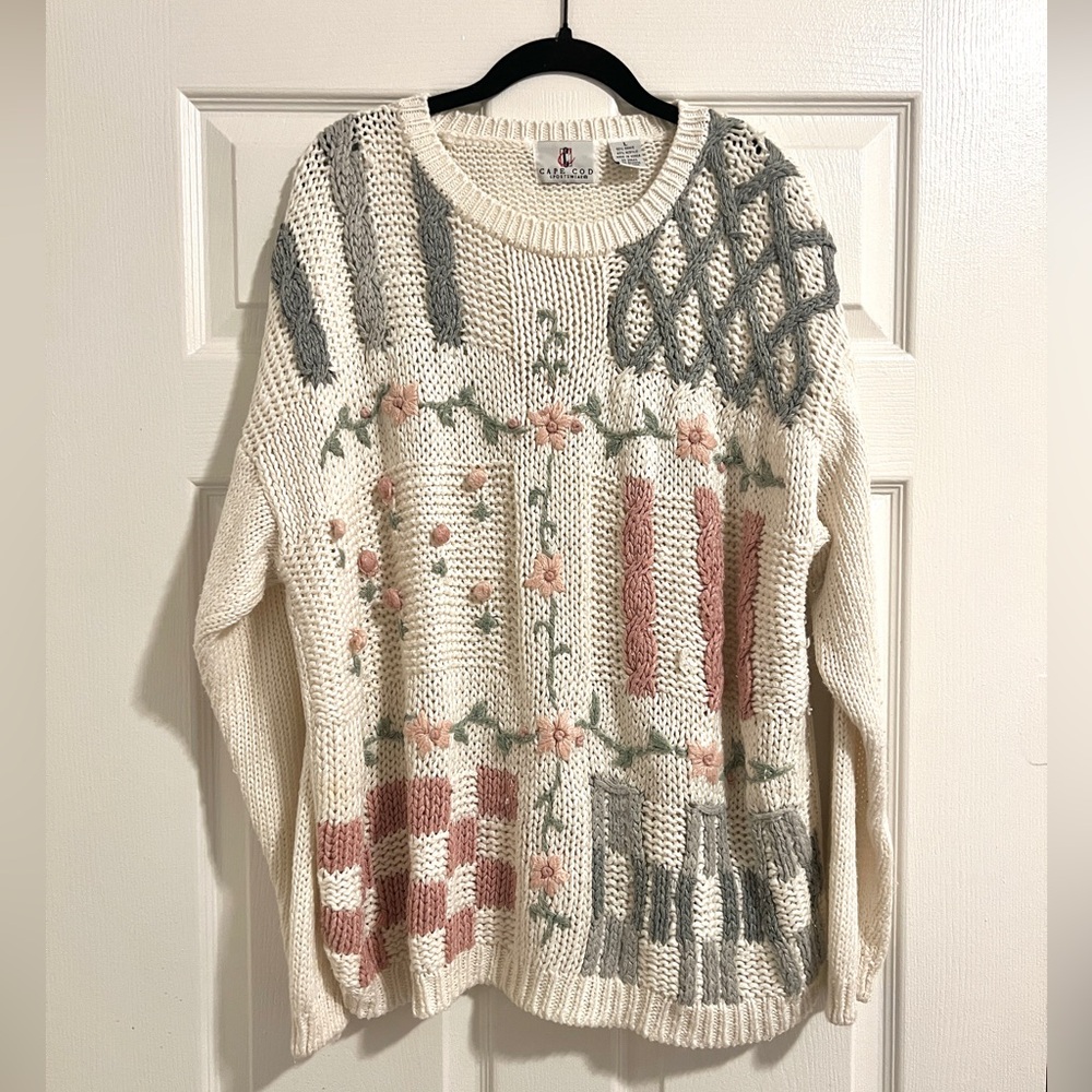*Vintage 80s* Cape Cod Sportswear Floral Pink/White Knit Sweater - Women's L